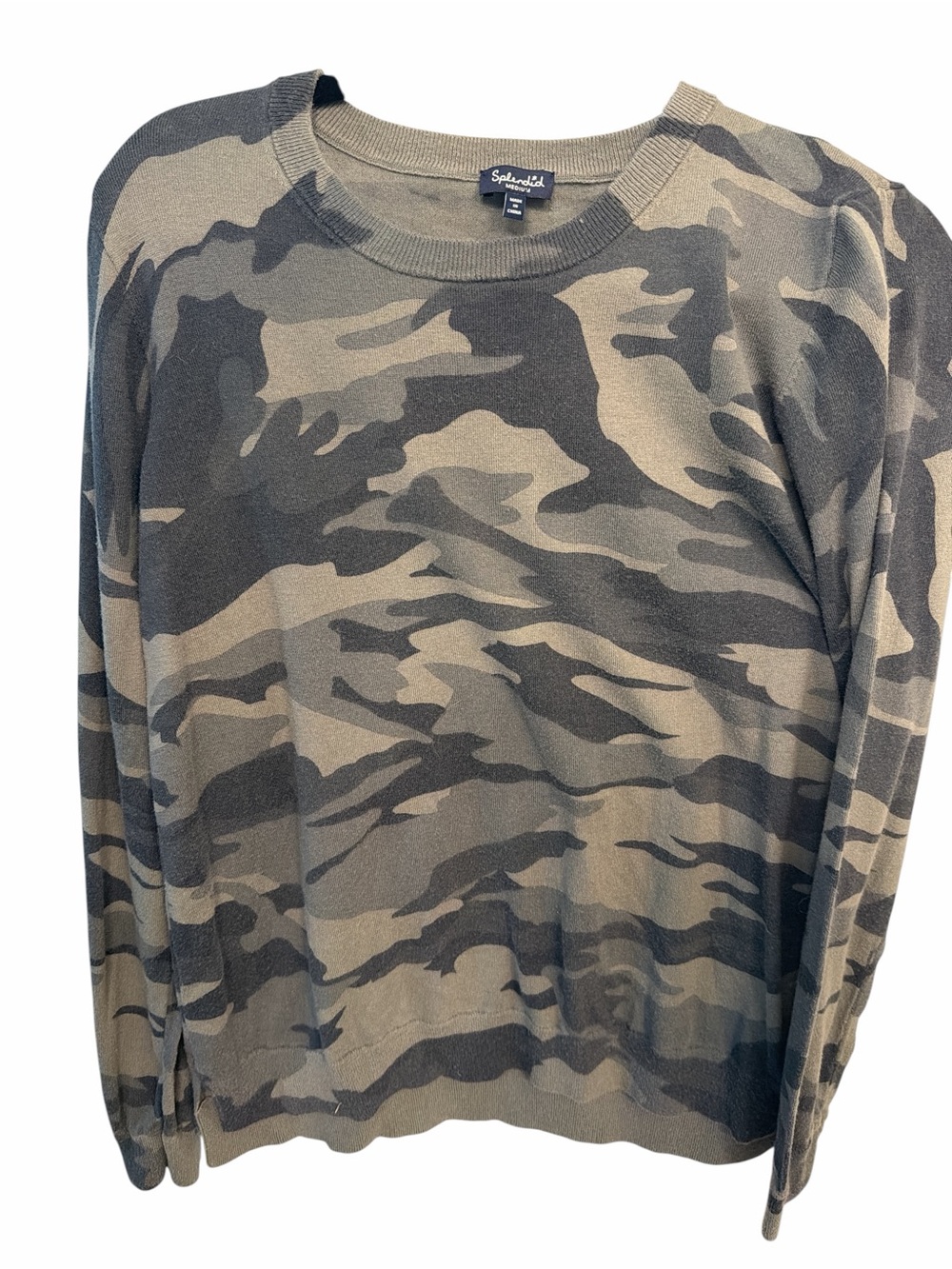 Splendid Camo Crewneck Knit Pullover Sweater Olive Gray Size Medium
